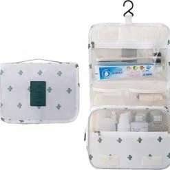 Beste Verkoop 🔥 Fako Fashion® - Toilettas Met Haak - Travel Bag - Organizer Voor Toiletartikelen - Reisartikelen - Travel Bag - Ophangbare Toilettas - Cactus Wit 😍